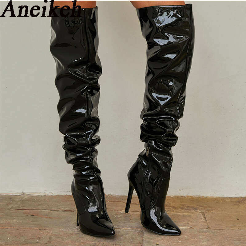 Aneikeh Patent Leather Over The Knee Women Shoes Heels Fashion Solid Sexy Thin High Heel Side Zippers Boots Female