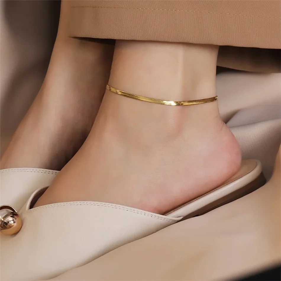 Simple Plain Chain Women Anklets 4mm Flat Snake Chains Stainless Steel Leg Anklet Foot Links for Girls Party ankle Foot bracelet Y240920