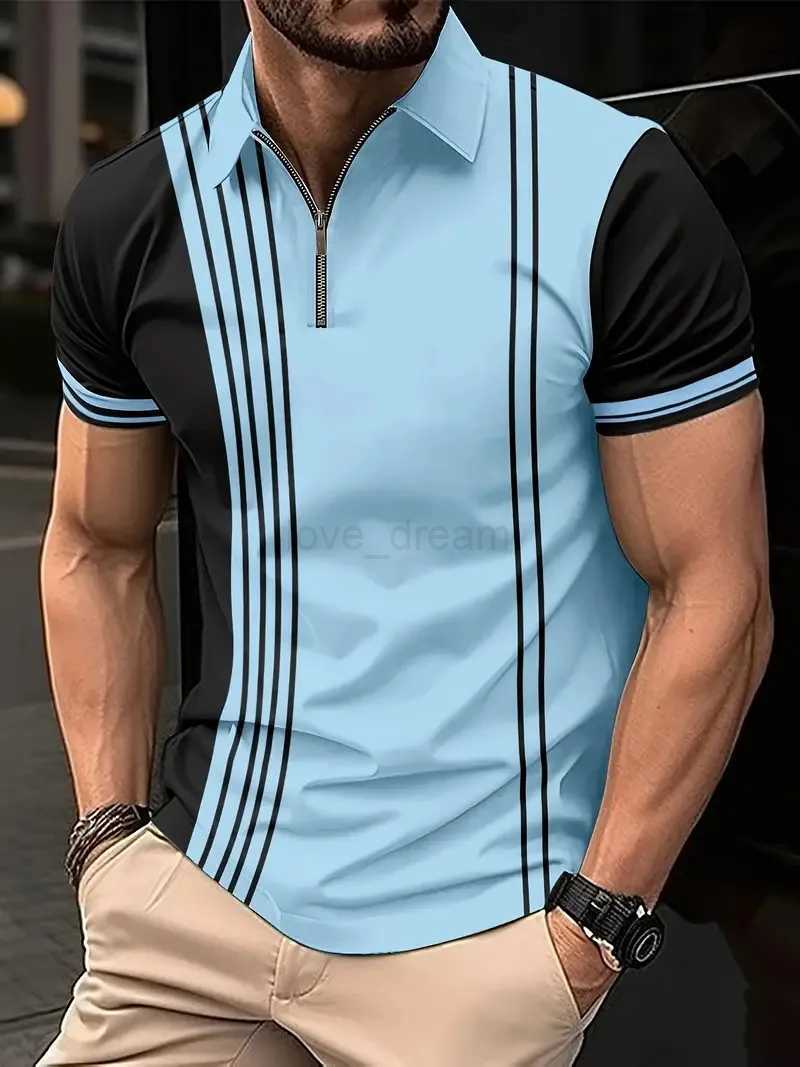 Mens Casual Fashion New Summer Slim Fit Short Sleeve 3D Printing Golf Polo Shirt Stripe Button Mens Short Sleeve Oversized TopXJ240920