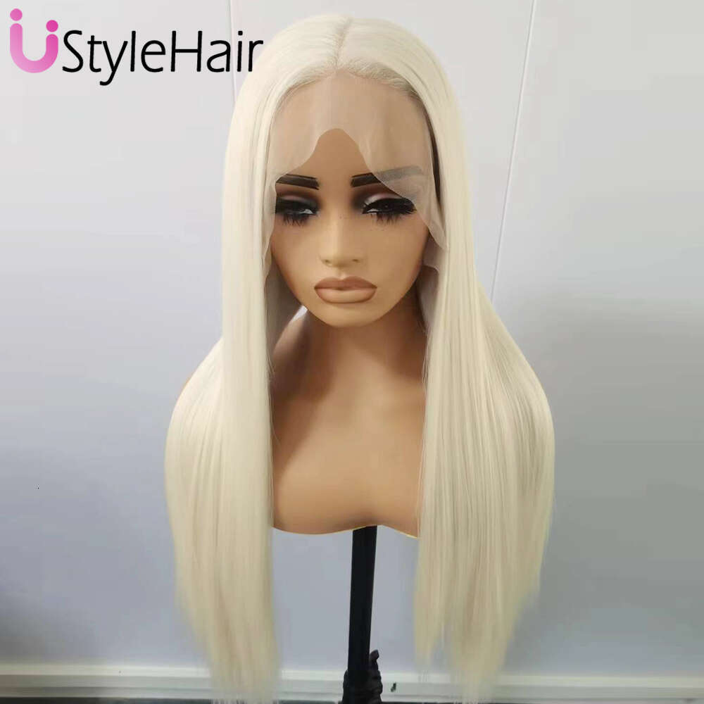 Ustylehair Platinum Blonde Long Silky Straight Wig 13X6 Lace Wigs For Women Heat Resistant Synthetic Hair Daily Used Front