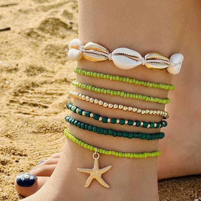 Cross-border New Bohemian Holiday Wind Shell Beaded Braided Womens Anklet Beach Wind Starfish Rice Beads Seven-piece Set 2024 Y240920