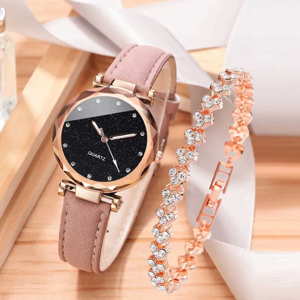 2pcs Luxury Fashion Women Watch Set PU Leather Strap Ladies Quartz Wristwatch Rhinestone RoseGold Alloy Bracelet For Ladies GiftX240920