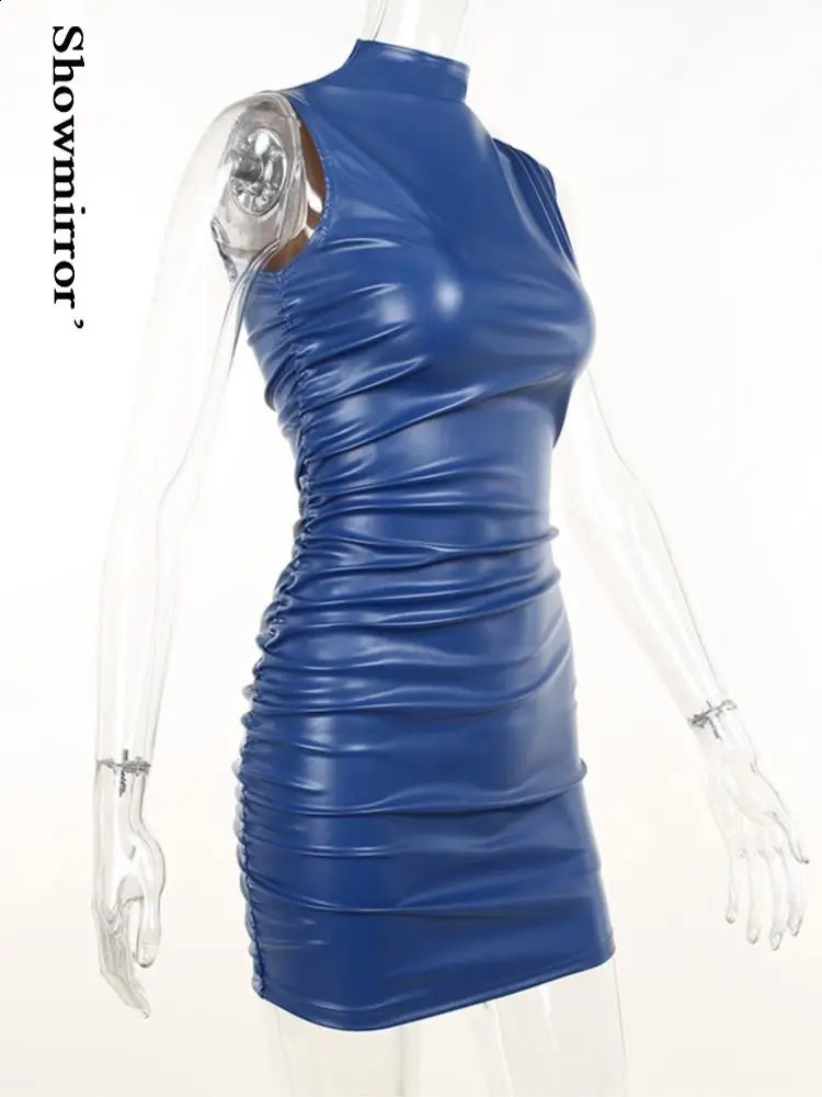 Showmirror Blue PU Leather Ruched Mini Dress For Women Sexy Bodycon Tank Dresses Party Club Harajuku Clothes Streetwear Y2k 240920