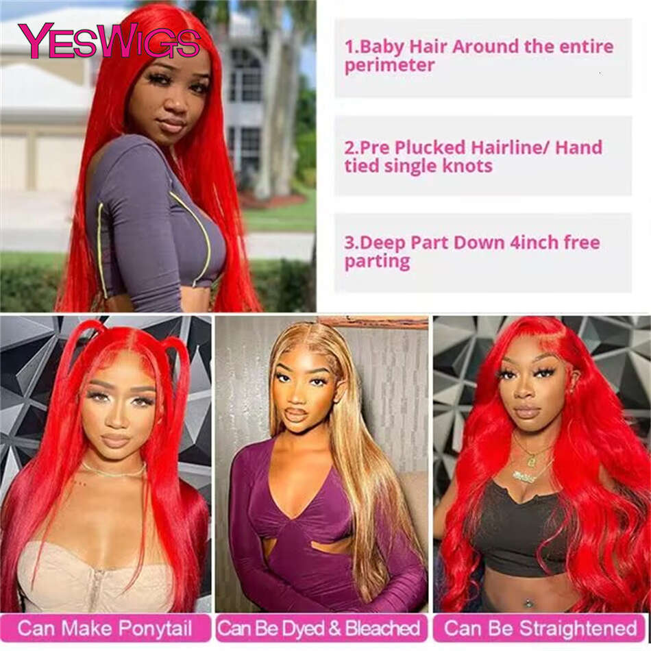 Bury 99J 13x4 Straight Front Wigs For Women 30 Inch Hot Red Colored Transparent Lace Frontal Wig Human Hair
