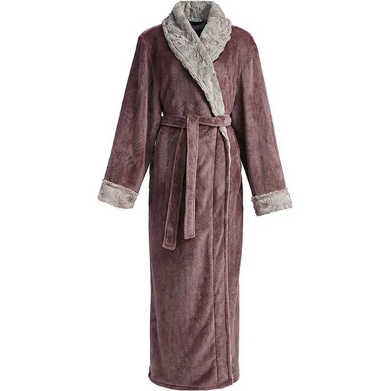 Flannel Fur Collar Mens Long Robe Sleepwear Autumn Winter Couple Bathrobe Nightwear Thick Coral Fleece Loungewear Home Clothes Y240919