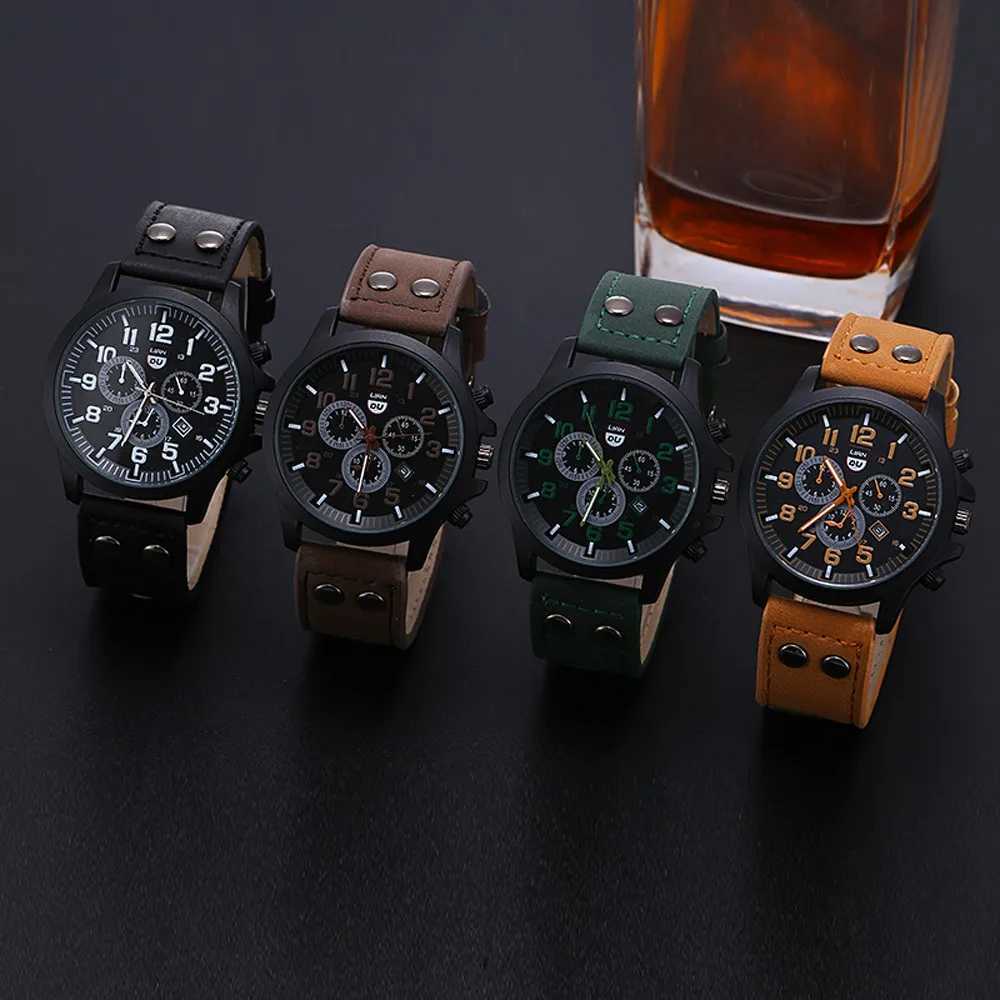 Military Leather Waterproof Date Quartz Analog Mens Quartz Wrist Watches Elegant Man Watch Alloy military items Man WatchX240920