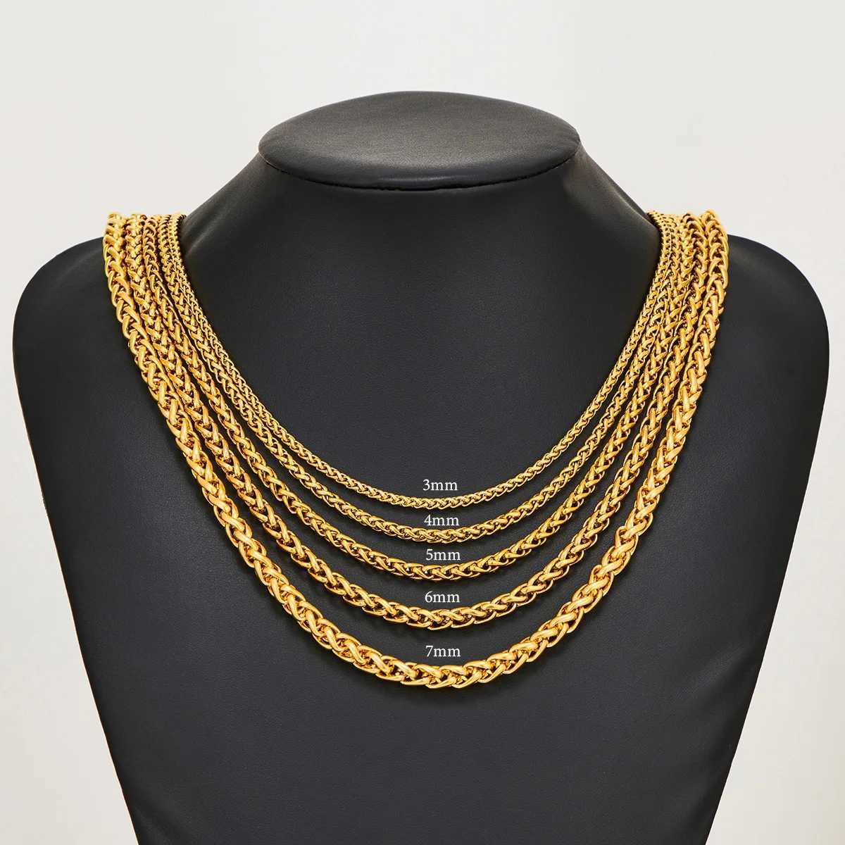 Thickness 3mm/4mm/5mm/6mm/7mm Gold Color Wheat Braided Stainless Steel Necklace Link Classic Curb Chain for Men Women JewelryX240919