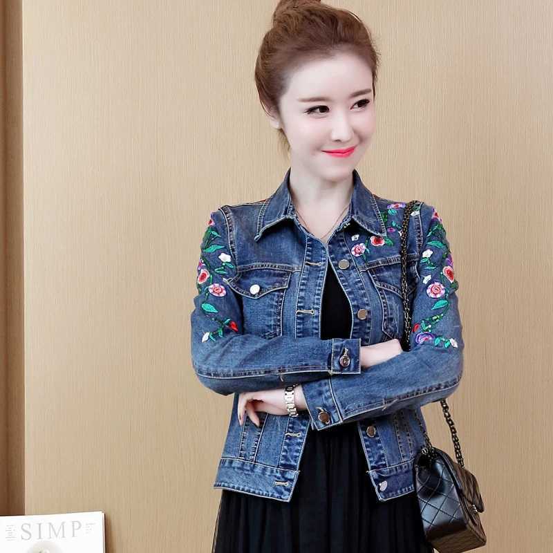 Embroidered Flower Denim Jacket 5XL Womens Short Coat 2023 Spring Autumn Vintage Slim Jeans Jacket Outwear Casual Female TopsX240920