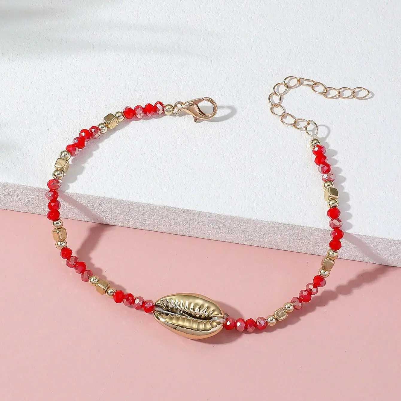 1 Seaside Beach Style String Color Bead Crystal Shell Ankle Anklet Womens All-match Leisure Travel Party Simple Body Gold Y240920