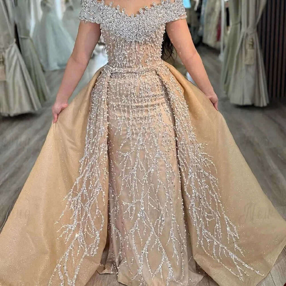 Modern Crystal Pearls Mermaid Wedding Dresses Off Shoulder Bridal Gowns With Detachable Train Custom Made Bride Dress