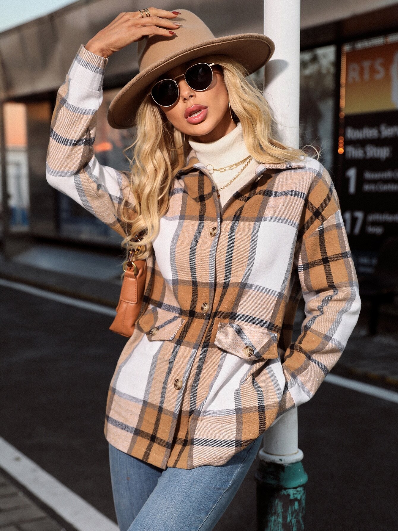 European American cross-border women's fashionable and elegant plaid printed button coat