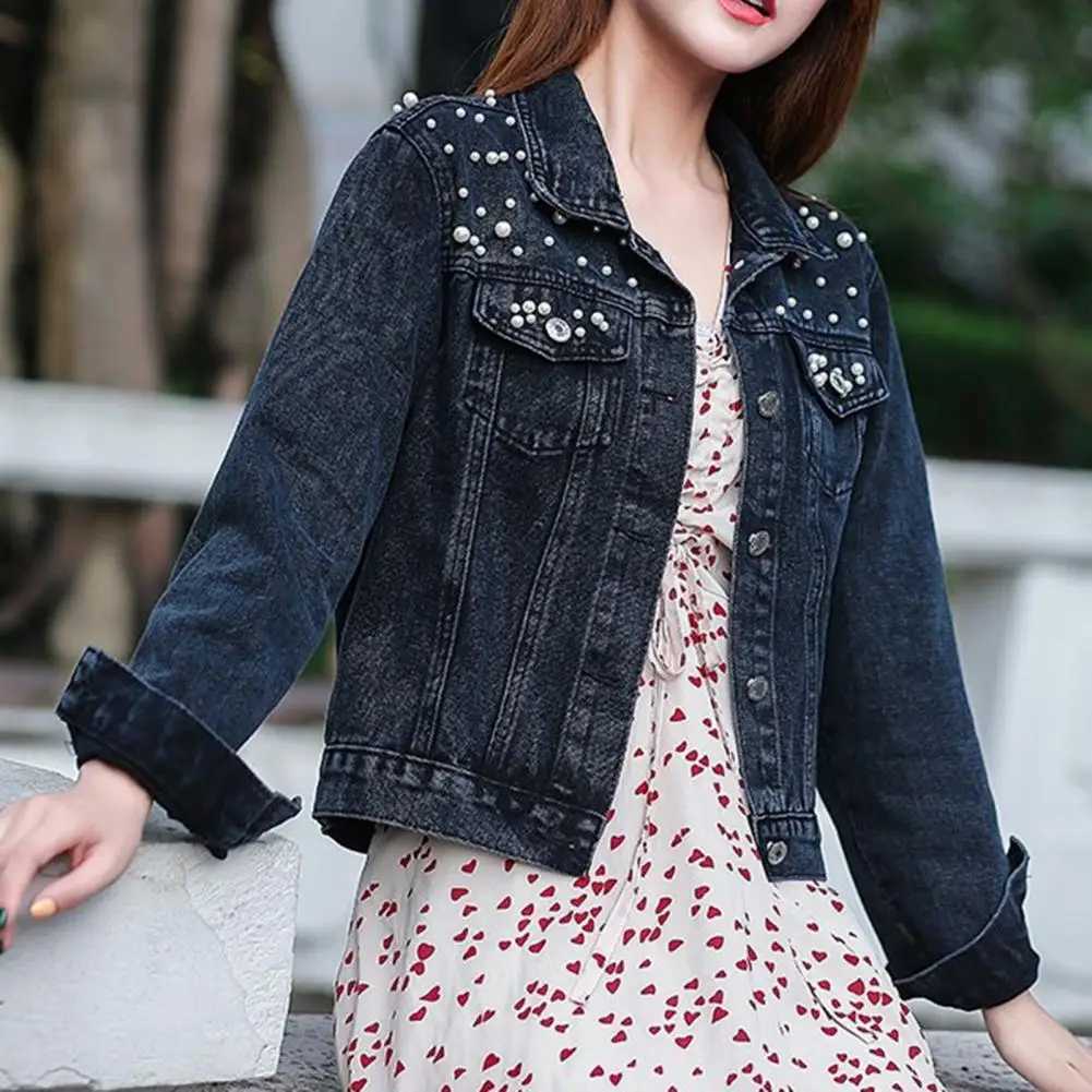 Chic Women Denim Jacket Cool Keep Warm Colorfast Imitation Pearl Easy to Match Women Coat Lady Denim Jacket Beads DecorX240920