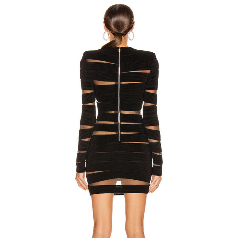 Women's New Autumn And Winter Long-Sleeved See-Through Mesh Irregular Hollow Niche Round Neck Hundred Casual Slim Fit Dress