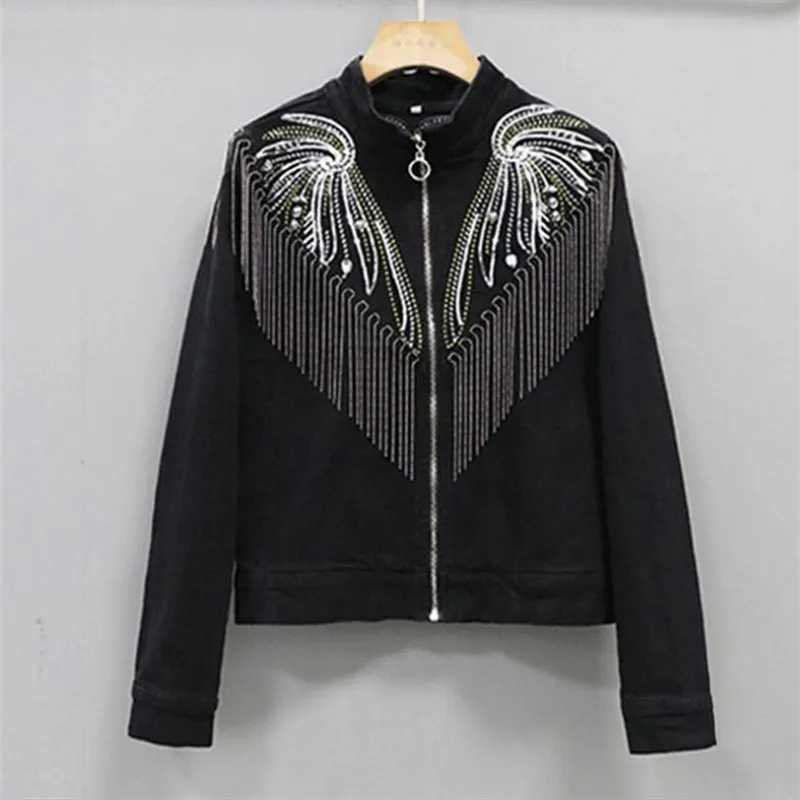 Fashion Black Denim Jacket Women Clothes 2023 Spring and Autumn New Jean Coat Female Tassel Sequin Slim Fitting Jackets TrendX240920