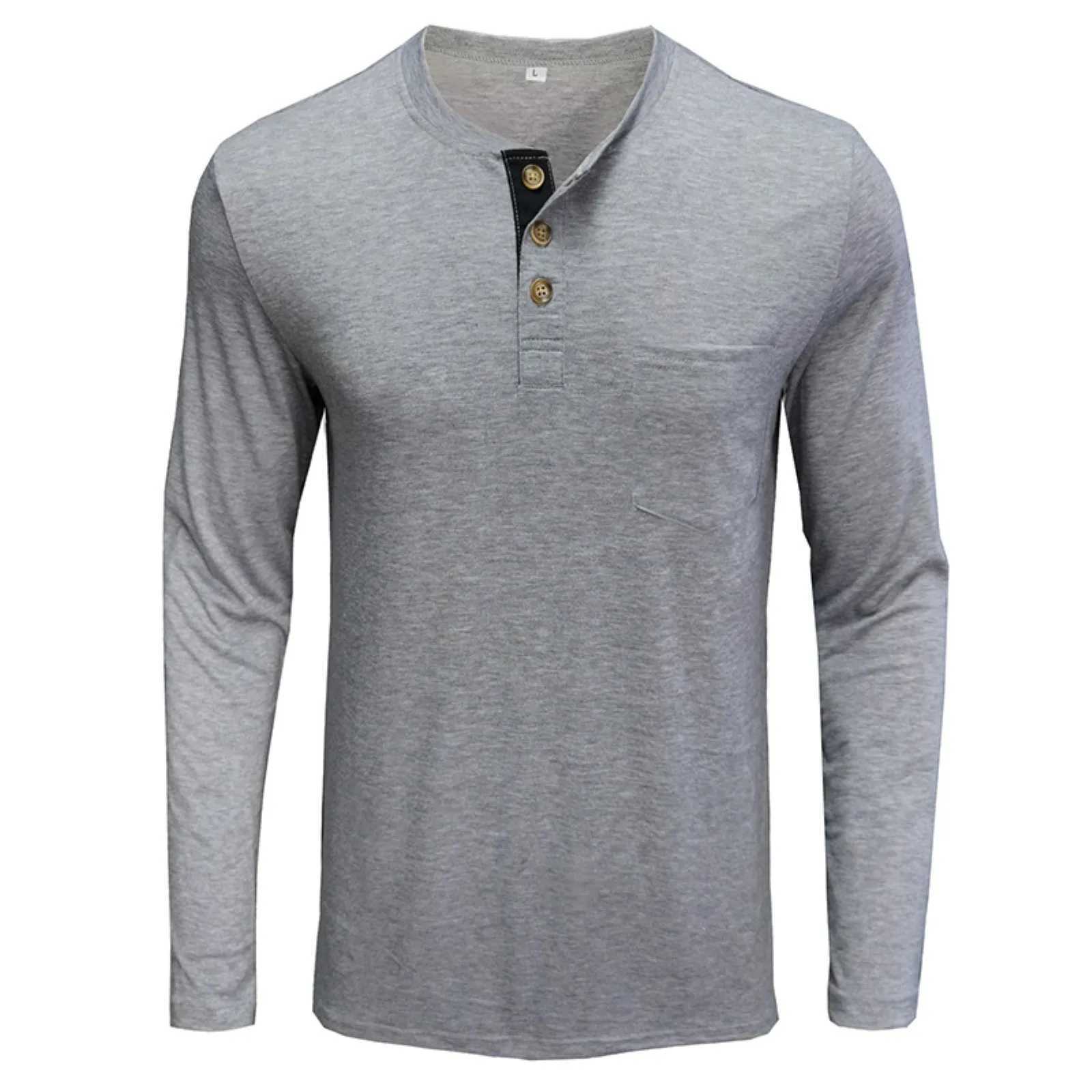 Mens Henley Collar Long Sleeved T-shirts Solid Casual Top Single Breasted Pocket TShirt Soft Comfy Bottoming Shirt for AutumnX240919