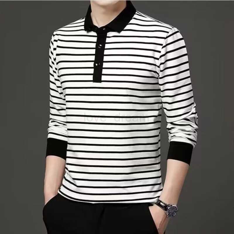 Spring and Autumn New Mens Long Sleeve T-shirt with Polo Collar Black and White Stripes Top Youth Casual Male Comfortable ShirtXJ240920