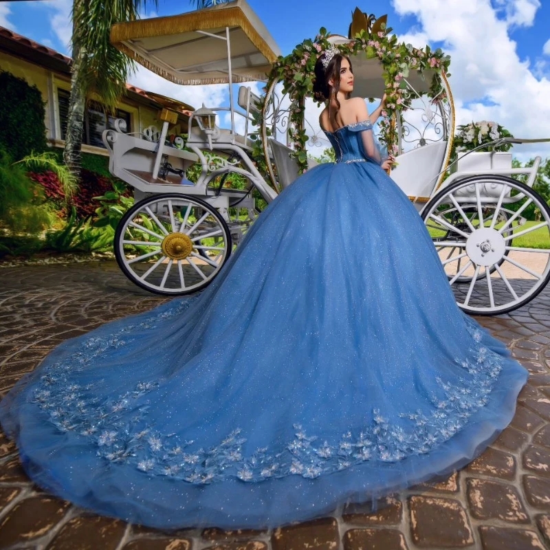 Sky Blue Sequin Princess Ball Gown Charming Quinceanera Dresses Applique Lace Beads Crystal Tull Sweet 16 Dress Vestido 15 De Anos