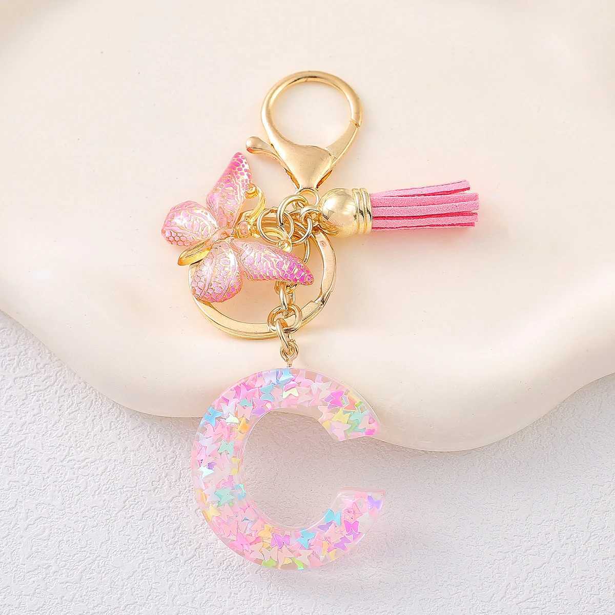 Fashionable Cute Tassel Alphabet Keychain Resin Colorful Sequins Butterfly Letter Keyring Ideal For Ladies Festive Purse CharmX240919