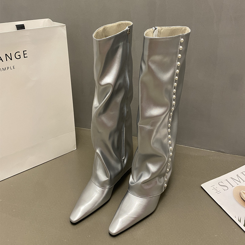 Eilyken Autumn Winter Cosy Pointed Toe Woman Knee-High Boots Slip-On Low Thin Heels Cowboy Ladies Shoes Botas De Mujer