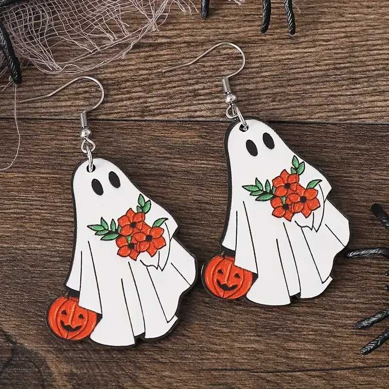 Charming Halloween Ghost Book Dangle Earrings - Vintage Wooden Gothic Style Stainless Steel Hooks Perfect For Parties Ever Y240919