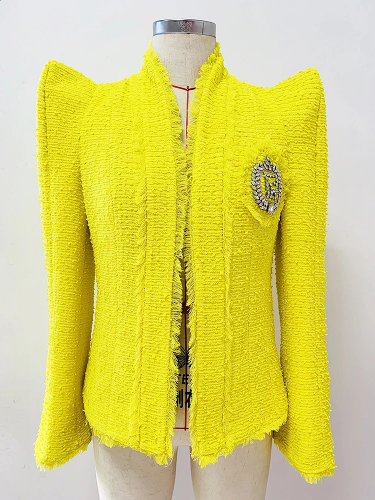 High Street est F/W Runway er Fashionable Womens Ultra Thin Fit Shoulder Diamond Beaded Ruffle Coarse Linen Jacket 240919
