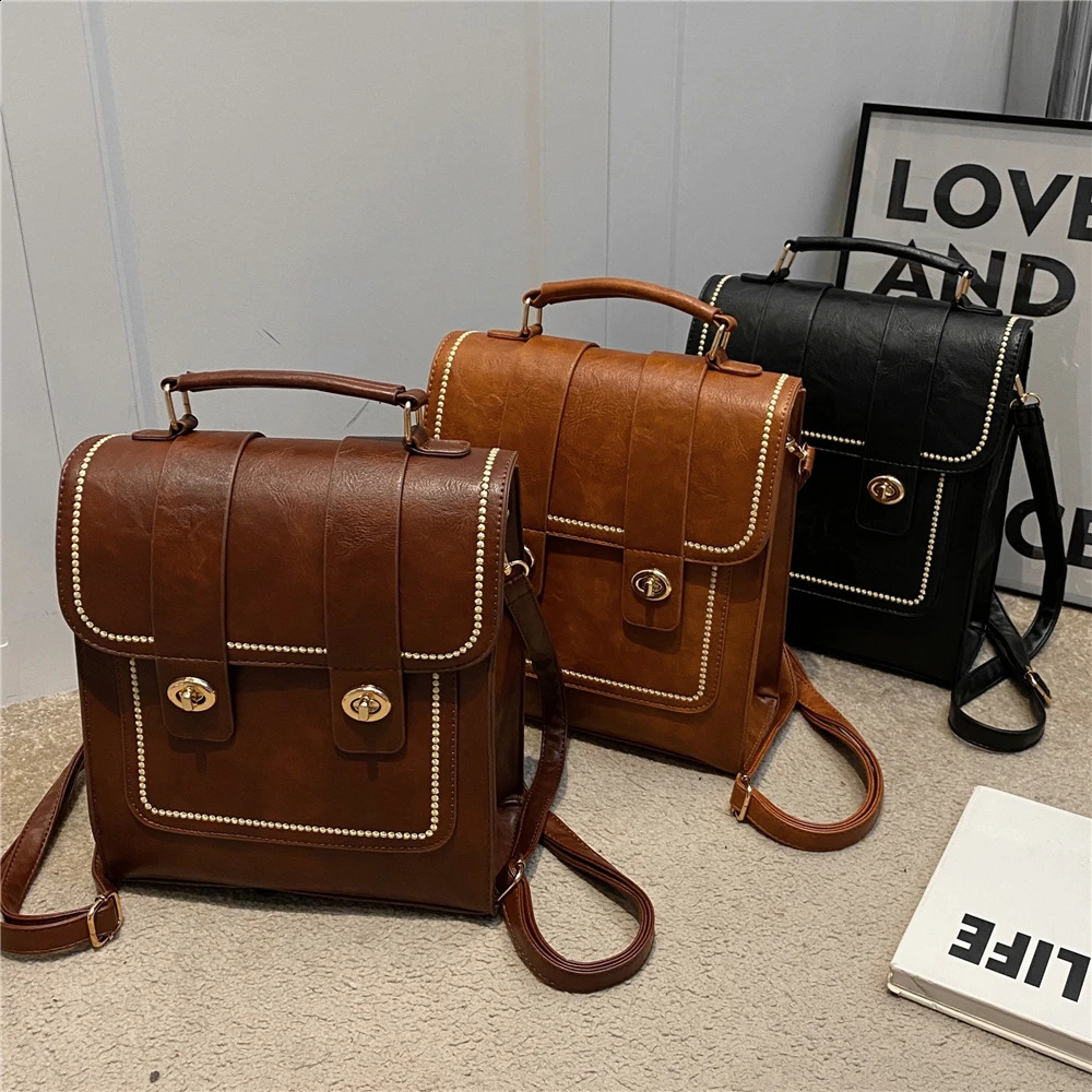 Toptrends Retro Leather Womens Backpack 2024 Womens Travel Bag University Girls School Bag Brown Black 240918