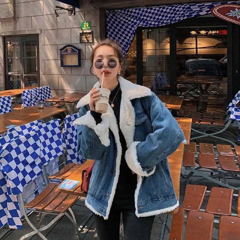 Ladies Denim Clothes Winter Add Velvet Thicken Imitate Lamb Hair Womens Jacket Same Style For Men And Women Couple OutfitX240920