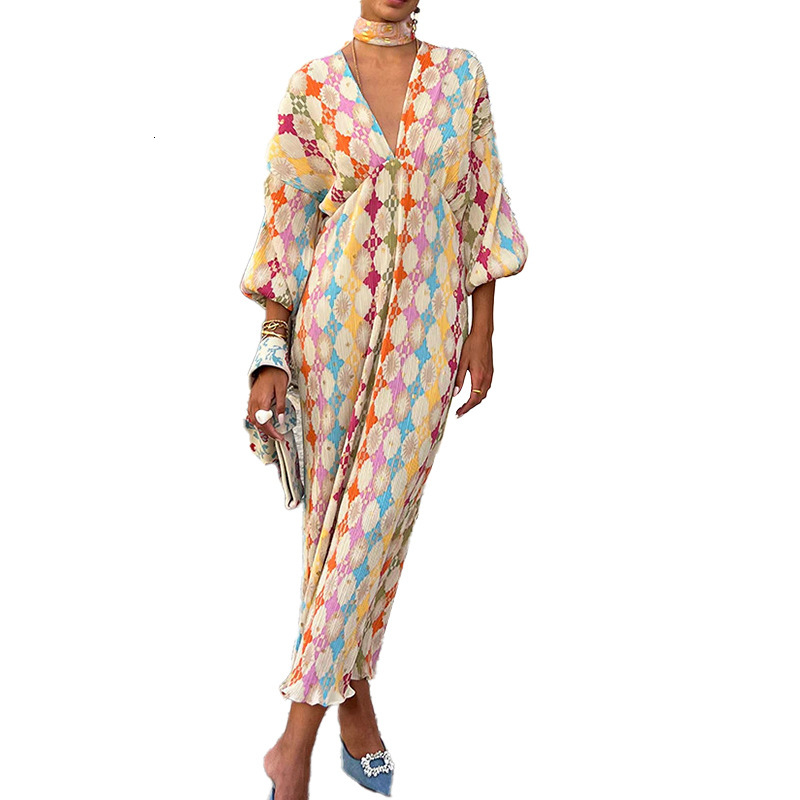 2025 Summer Women's Printed Elegant V-neck Lantern Half Sleeve A-e Dress for Women