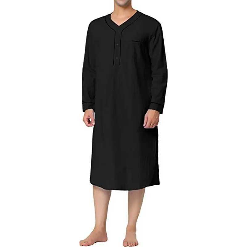 Mens Casual Long Sleeve V-neck Pajamas Fashion Homewear Loose Fit Solid Color Premium Pajamas Nightgown 2024 New Y240919