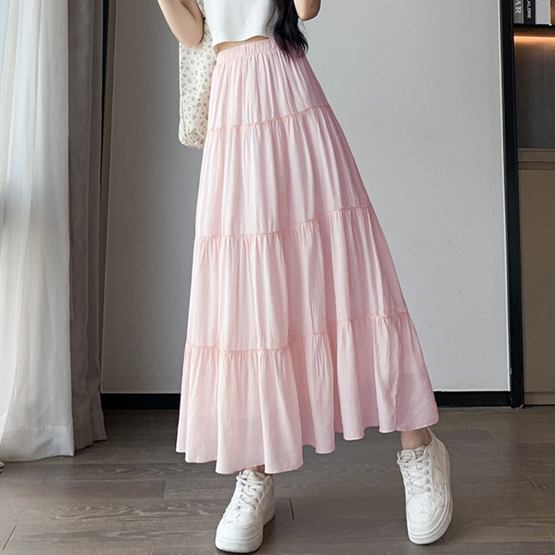 Summer Girls High Waist Korean Basics Sim Fit Skits Lady Pleated Long Skirts Woman Sweet White Pink Mori Girl Style A e Dress