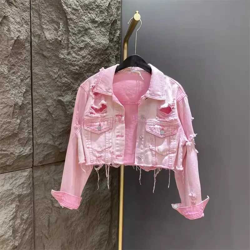 Autumn Pink Short Denim Jacket Women Spring New Slim Holes Single-Breasted Jean Coats Long Sleeve Frayed Outwear Femme DenimwearX240920