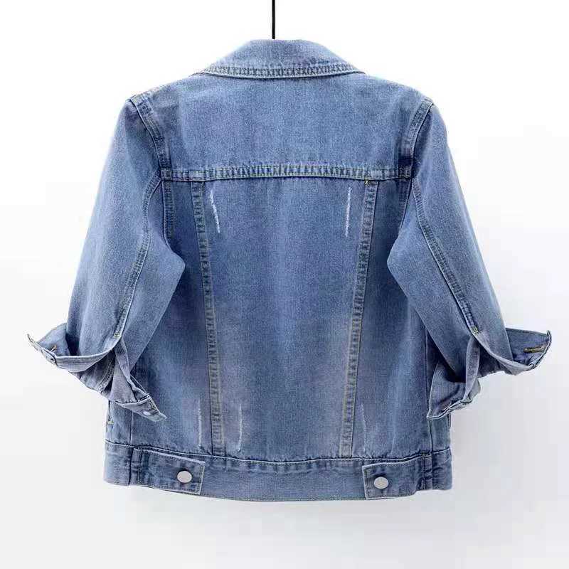 Spring Summer Half Sleeve Women Collared Distressed Coat Ladies Washed Cropped Denim Jacket Girl Ripped Jean Cardigan ShawlX240920