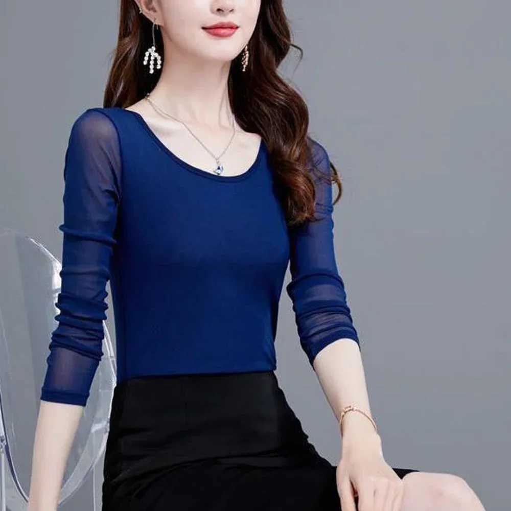 Women Sheer Mesh Full Sleeve O Neck T Shirt Red Blue Purple Female Blouses Lace T-shirt Clothes S-4XL Long Sleeve Sexy Y2K Top M240920