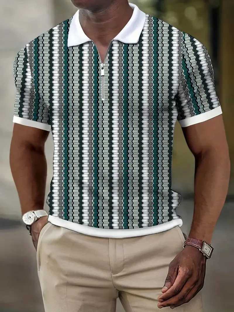 Mens Summer New Striped Polo Shirt Short-sleeved Lapel Zip T-shirt Mens Casual Streetwear Fashion Breathable Mens TopsX240920
