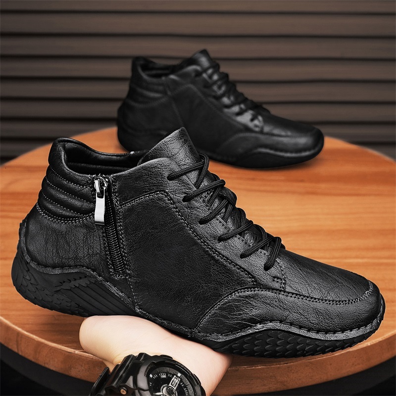 2024 designer's new men's shock-absorbing casual leather comfortable casual walking ankle boots retro style men's plush warm snow shoes