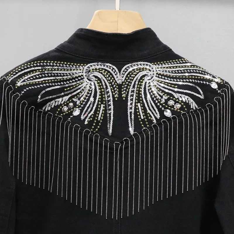Fashion Black Denim Jacket Women Clothes 2023 Spring and Autumn New Jean Coat Female Tassel Sequin Slim Fitting Jackets TrendX240920