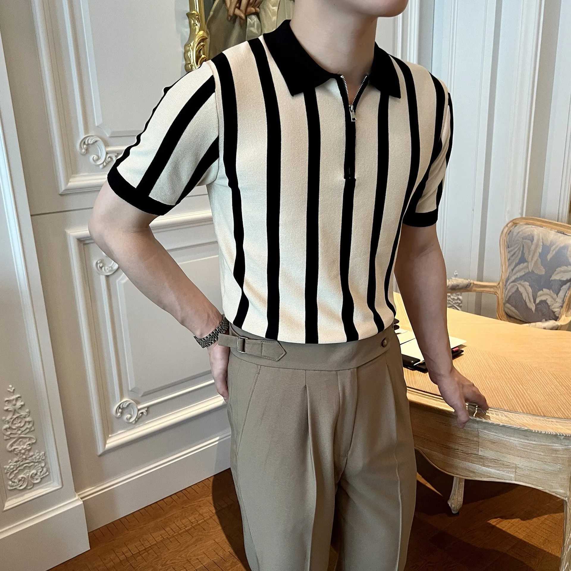 Mens Clothing Leisure Light Luxury Knitted Polo Shirt Korean Striped Zipper Short Sleeve Retro Breathable Fashion Knitwear TeesX240920
