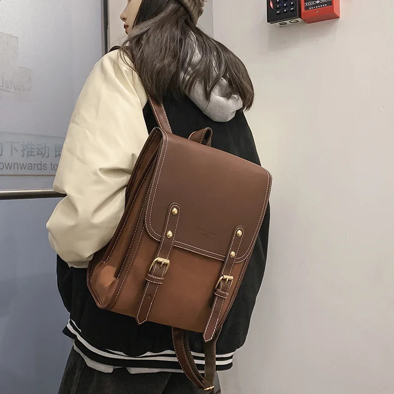 College style retro fashion JK student PU school travel womens backpack fully matched simple large capacity brown uniform school bag 240918
