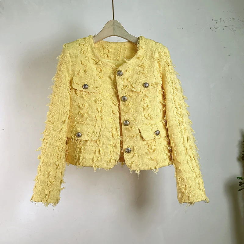 High Quality Autumn Winter Yellow Tweed Short Jacket Coat French Women Round Collar Single Breasted Tassel Woolen Outwear