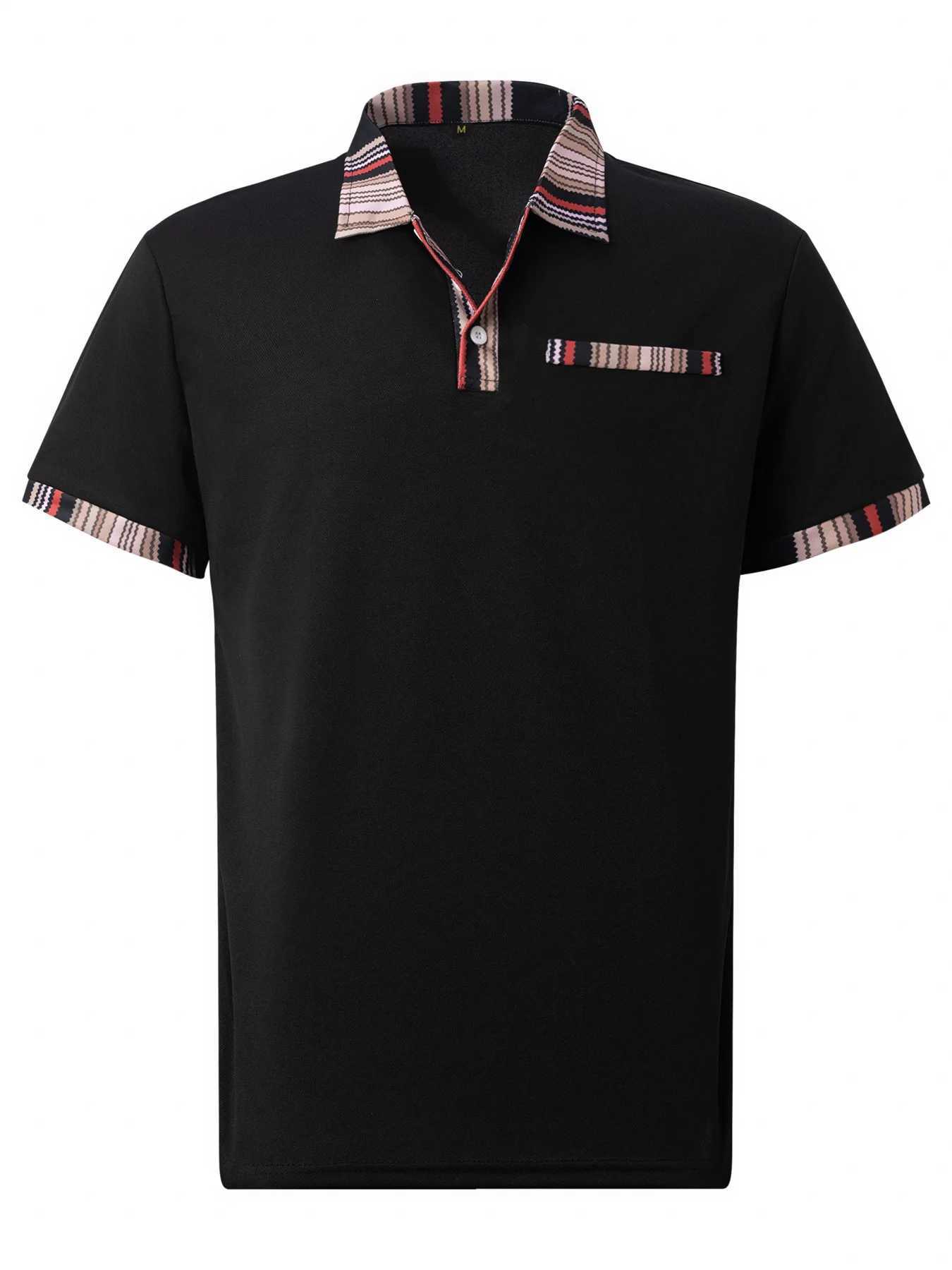 Mens casual POLO shirt chest fake pocket striped color matching buttons mens T-shirt breathable topX240920