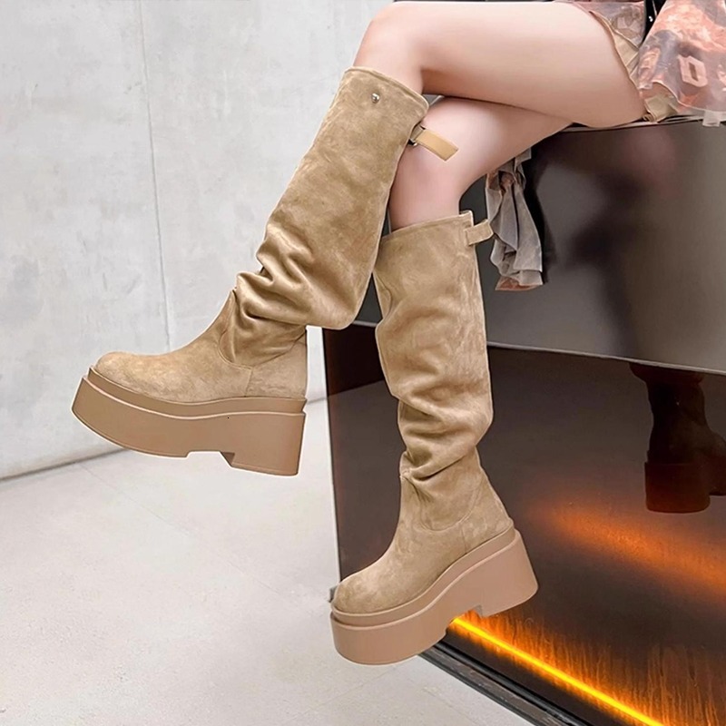 Platform High Suede Women Shoes Brand New Pleated Designer 2024 Trend Retro Fad Comfort Woman Boots Hot Sale Mujer Booties