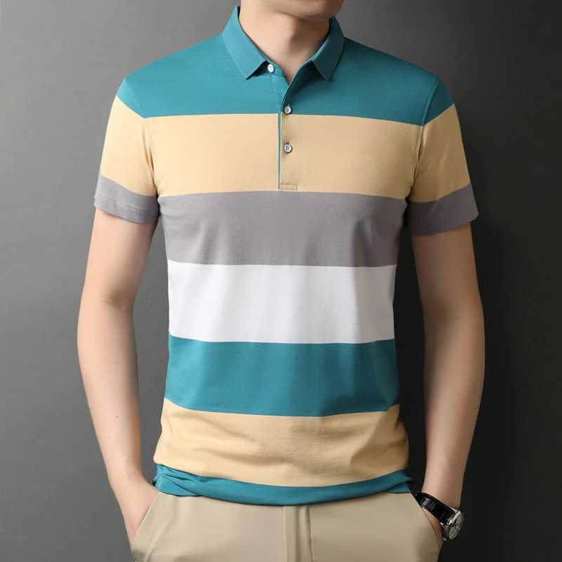 Mens Polo T Shirt Business Casual Simple Stripes Print Summer Short-Sleeve Polo Shirt Fashion Street Wear Oversized ClothesX240920