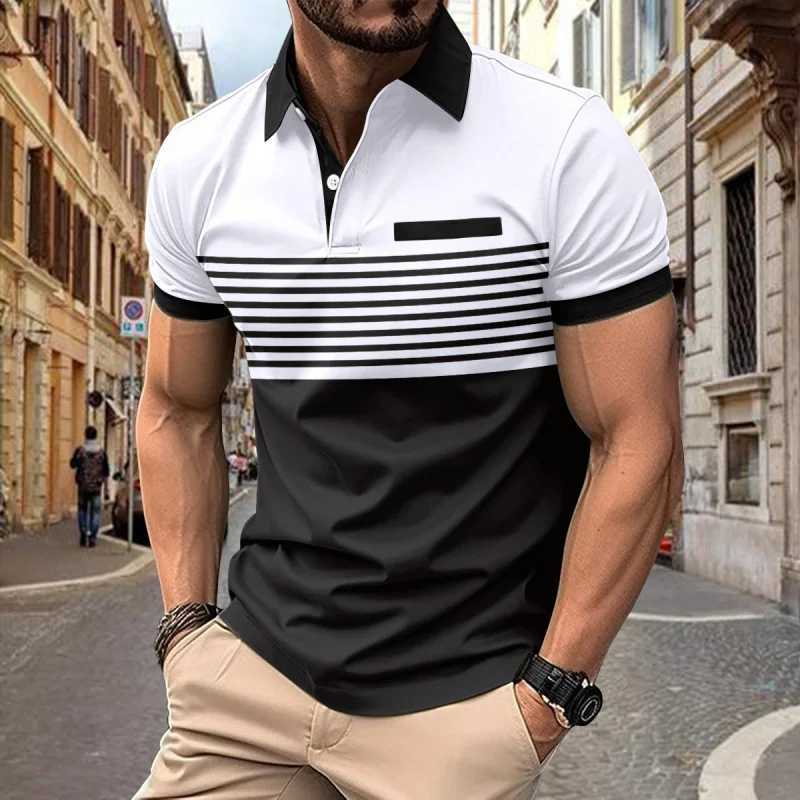 2024 Summer New Mens Casual POLO Shirt Chest Pocket V-Collar Button Stripes Colorblock All-Matching T-shirt Free ShippingX240920