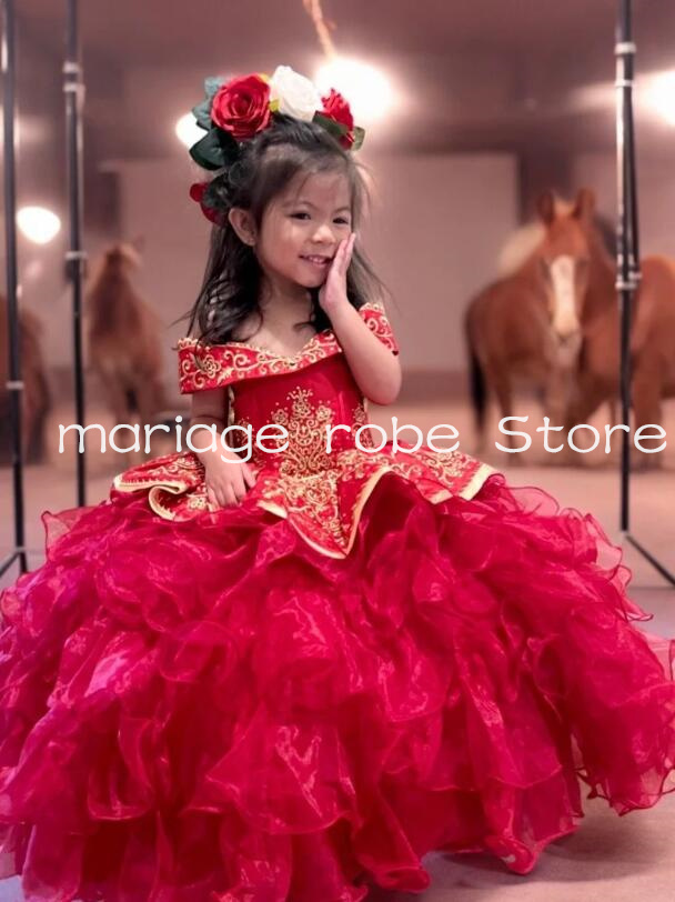 Girls Ruffled Charro Off Shoulder Mini Quinceanera Dresses Royal Blue Puffy Applique Lace-up Little Princess Flower Girl dress