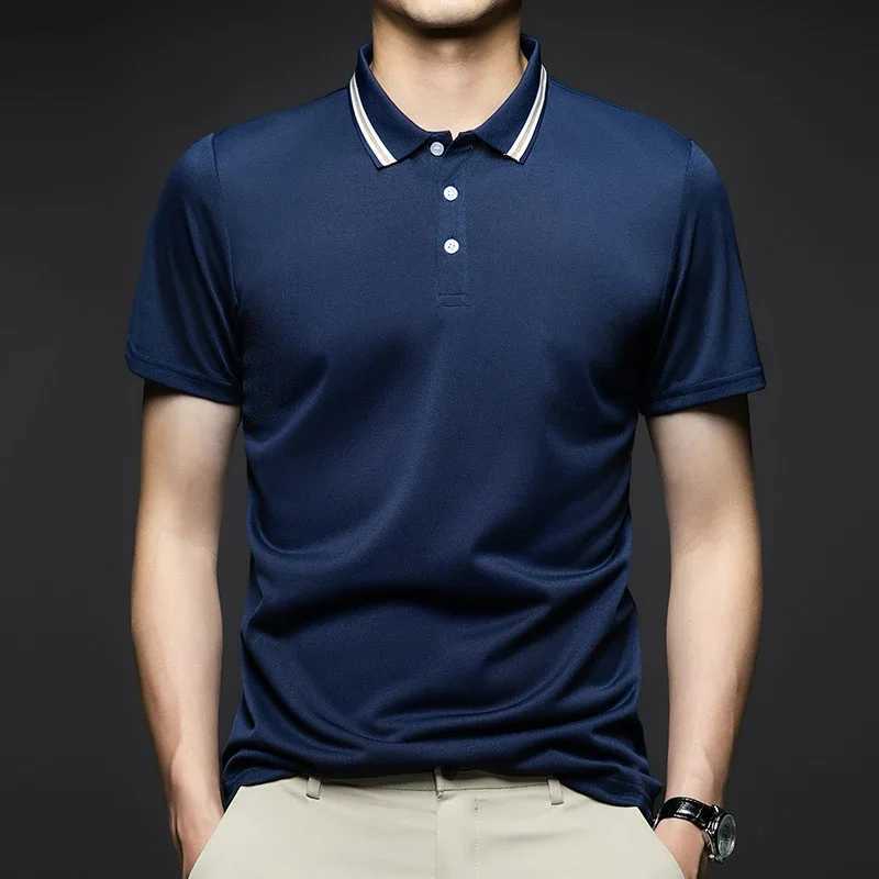 Mens Fashion Solid Short Sleeved Striped Lapel Polo Shirt Summer Breathable Comfortable TopX240920