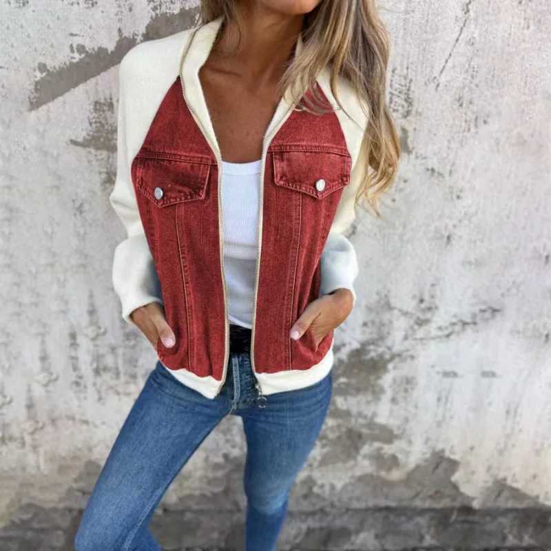 Women Autumn Winter Denim Stitching Jackets Ladies Casual Long Sleeve Zipper Outerwears CoatsX240920