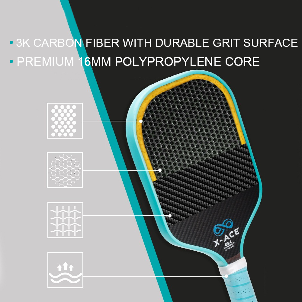 X-ACE 3K Carbon Fiber Pickleball Paddle High Grit & Spin 16MM Polypropylene Honeycomb Core Lightweight Pickleball Racket