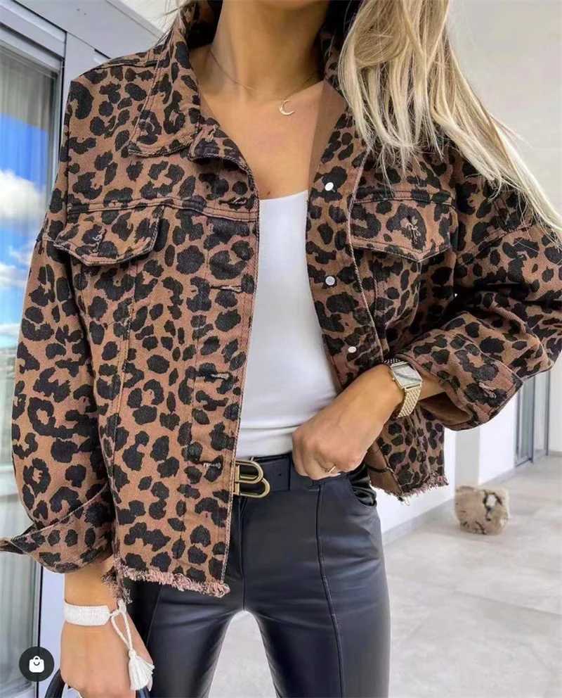 Women Fashion Chic Leopard Print Denim Jacket Autumn New Lapel Cardigan Coat Casual Outerwear Female Urban Office Commuter WearX240920