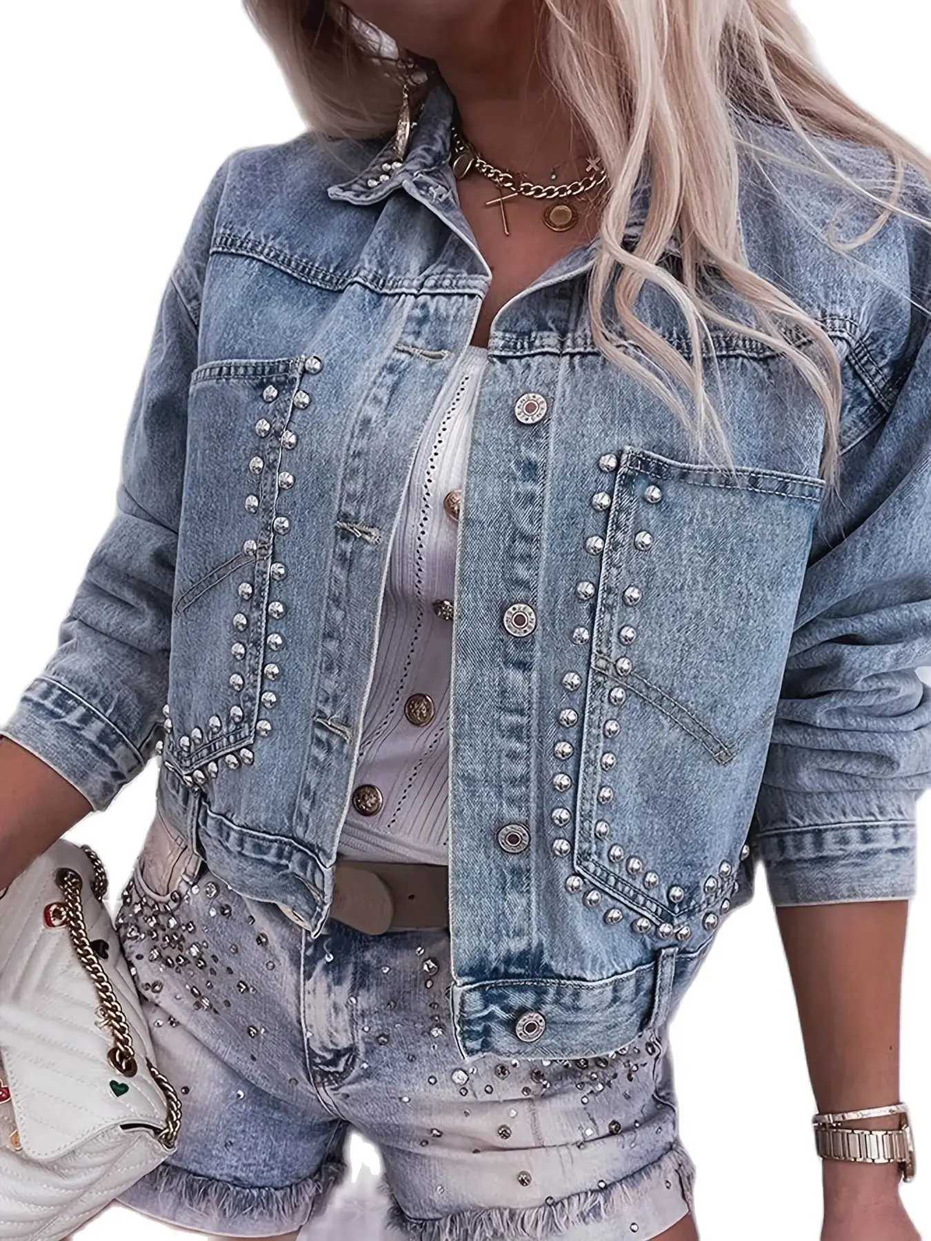 2023 Autumn and Winter Retro Long Sleeve Denim Jacket For Women Fashion Rivet Short Jeans Coat Casual Clothing XS-L Drop ShipX240920