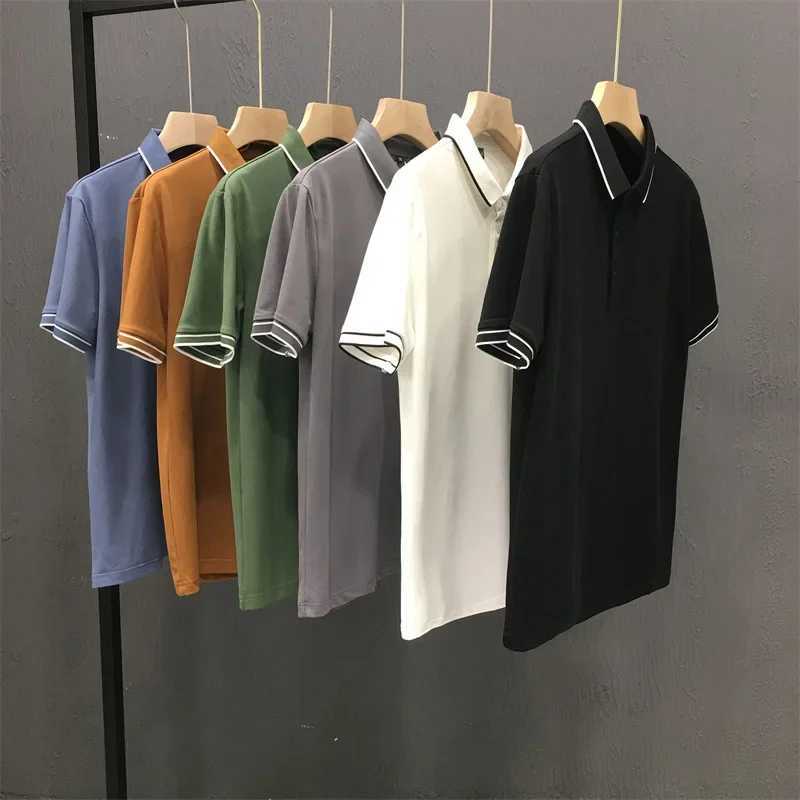 2023 New Summer Ice Silk Polo Shirt Mens Short Sleeves Business Fine Line Lapel T-shirt Top ServiceX240920